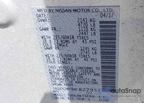 2017 Nissan Rogue Hybrid Sl z USA, uszkodzony, nr VIN 5N1ET2MT8HC827957